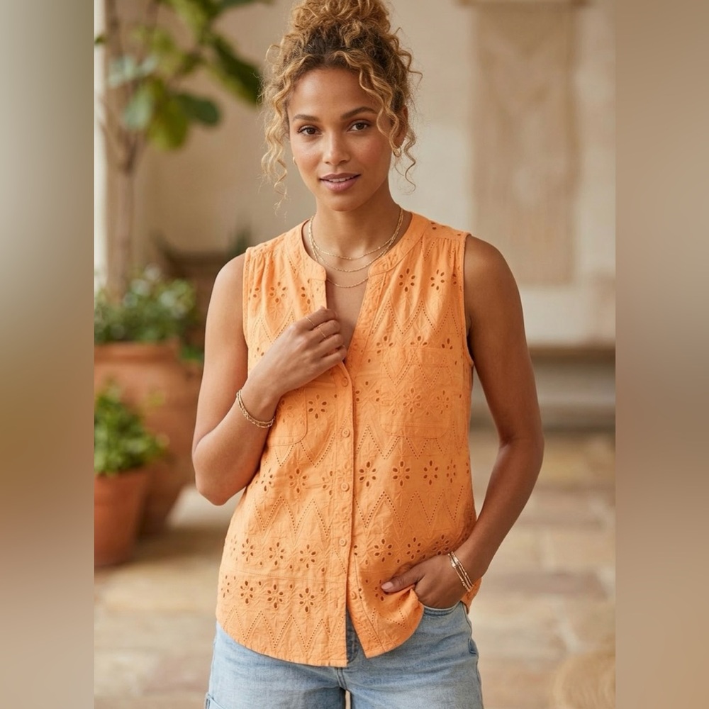 Falls Creek Eyelet Sleeveless Button-Front Top - Orange